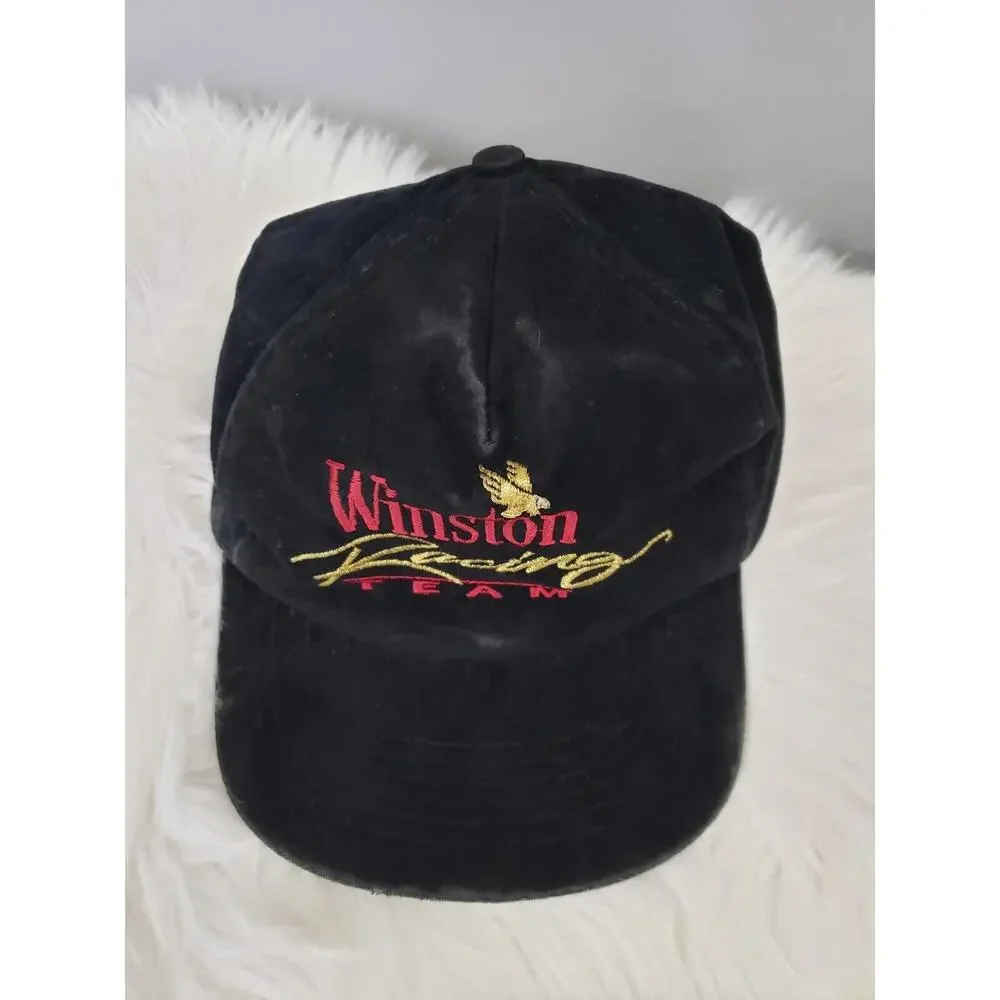 Vintage Winston Racing Team Hat NASCAR Cap Black Velvet Snap Back Gold Red Eagle